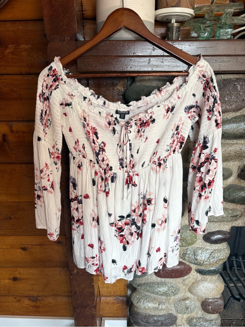 Torrid Floral Smocked Lace Up Babydoll Top Size 00 Bell Sleeve